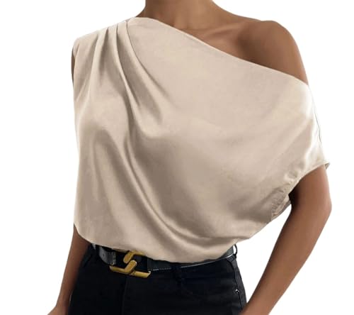 2024 Summer Women's Tops Vest Slant Neck Pleated Asymmetric Vest Tops Solid Colour One Shoulder Versatile Tops(Color:Beige,Size:Medium)