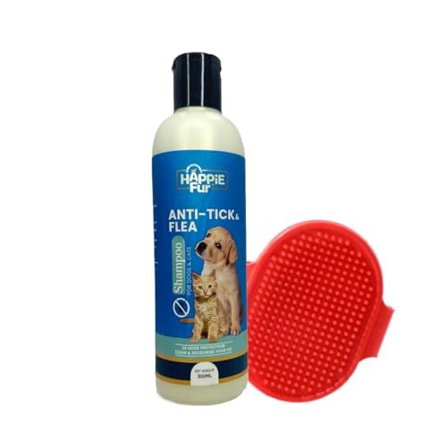 Happie Fur Natural Neem Anti Tick and Flea Dog Shampoo and a Shampoo Scrubber | Pet Shower & Bath Supplies for Cats & Dogs | Long & Short Hair Dog Scrubber for Bath | 300 ml