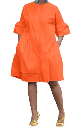 Image of Choichic Button Down Shirt Dresses for Women with Pockets Flare Bell Sleeve A-Line Midi Tunic Dress