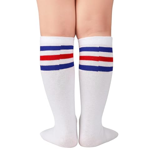 Kids Soccer Socks Toddler Soccer Socks Knee High Tube Socks Three Stripes Cotton Uniform Stocking Socks 1 Pack White Blue&Red3