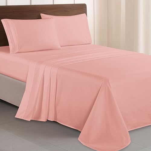 Elegant Comfort Luxurious 1500 Premium Hotel Quality Microfiber Three Line Embroidered Softest 4-Piece Bed Sheet Set, Wrinkle and Fade Resistant, Queen, Dusty Rose