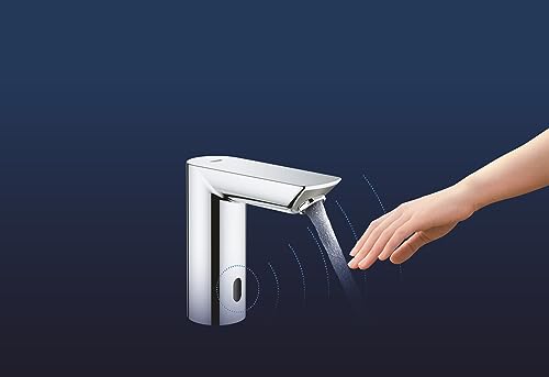 GROHE Bau Cosmopolitan E - Infrared Sensor Touchless Basin Mixer Tap with Mixing Device (Water Saving Technology, Battery Powered, 7 Pre-Set Programs, Tails 3/8 Inch), Size 123 mm, Chrome, 36451000