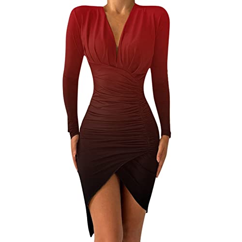 Kleider Damen Wollkleid Damen Winter Enges Kleid Damen&I3 Sexy Asymmetric Split Langarm Mini Kleid Hohe Taille Enge Einfarbig Kurz Ballkleid Elegant...