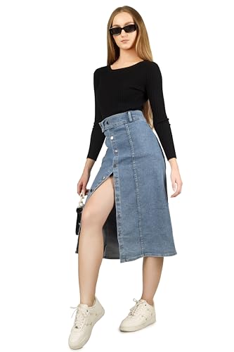 Image of Straight Stylish Comfortable Long Two Button Up Slit Dobby Denim Skirt for Women & Girls