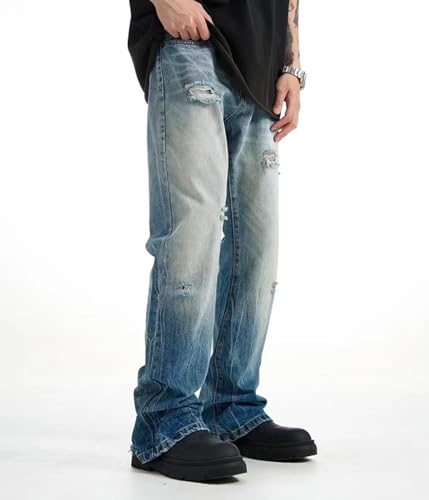 Men's Denim Flared Pants Mid-Rise Loose Casual Straight Cut Gradient Ripped Streetwear Jeans with Pockets4