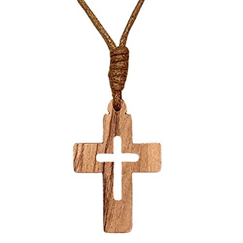 AMPALS,Collar con Cruz Auténtica Madera de Olivo Hecho a Mano en Jerusalén,Caja de Cordón de Yute Kraft,Regalo, Comunión,Día Cristiano,Cumpleaños,Protección del Automóvil,Bienestar