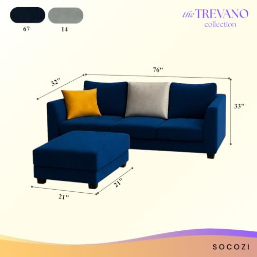 Image of SOCOZI Trevano 4 Seater L Shape Sofa Set with Movable Ottoman | Flexible Left or Right Layout | Soft Velvet Suede Fabric | Modern Design | Plush Comfort Cushions for Living Room (Blue -Light Grey)