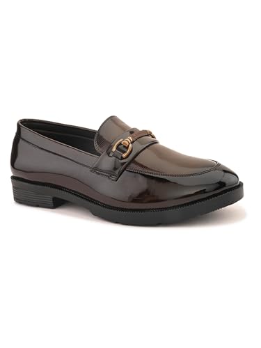 Image of STANPHORD Mens Loafers Men Brown Solid Leatherette petant Formal Office wear Wedding Slip on Moccasins Horsebit Loafers Shoes