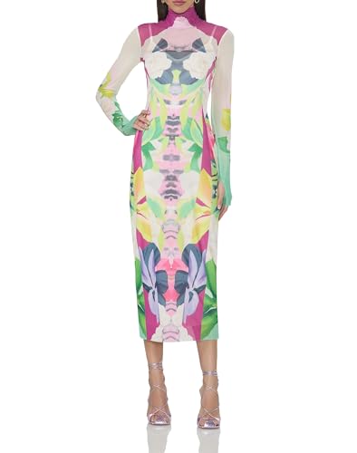 AFRM Women's Shailene Turtleneck Long Sleeve Mesh Bodycon Midi Dress,