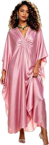 Image of RanRui Caftans for Women Solid Color Chiffon Plus Size Kaftan Dresses Beach Cover Up V Neck Batwing Sleeve Caftans Loungewear