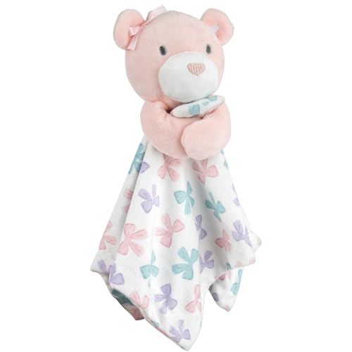 Image of Baby Essentials Minky Animal Snuggler Lovey Blanket for Kids, Babies, Girls Security Blanket with Stuffed Animal (Pastel Bows Bear)