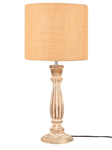 Image of Green Girgit Athens Wooden Lamp in Distress White Color with Jute Brown Shade, Farmhouse Table Lamp with Burlap Shade, Distressed White Base, Vintage Style (LED Bulb Included)