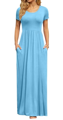 Image of DB MOON Womens 2026 Summer Maxi Dresses Casual Short Sleeve Empire Waist Spring Long Dress with Pockets