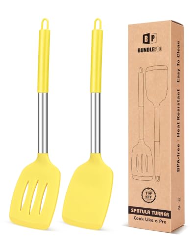 Pack of 2 Silicone Solid Turner, Non Stick Slotted Kitchen Spatulas, High Heat Resistant BPA Free Cooking Utensils, Ideal Cookware for Fish, Eggs, Pancakes(Yellow)
