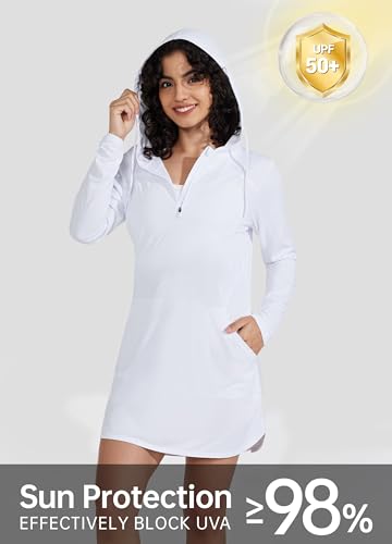 Willit Women's UPF 50+ Swim Cover-Up Dress Hooded Beach Sun Long Sleeve Swimwear Quick Dry SPF Swim Shirts3