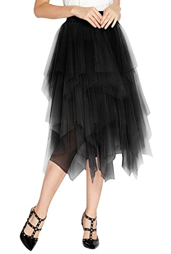 Women's Elegant Mesh Layered Tulle Skirt Sheer Tutu Skirt Midi Dress (XL, Black)
