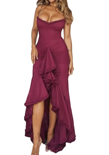 LETSVDO Women's Mesh Ruffle Maxi Dress Bodycon Ruched Corset Spaghetti Strap High Low Irregular Hem Sexy Party Dresses
