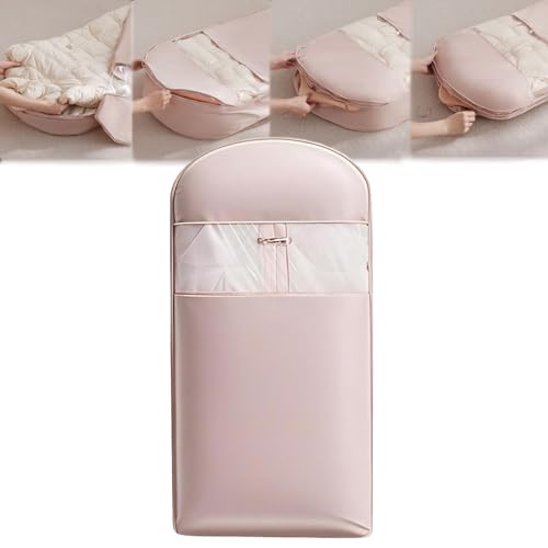 Space Saving Hanging Garment Bag With Self Compression Zipper,Dust Cover Clothes Bags For Down Coat, Coat With Hanger Down Jacket Winter Coats Storage Pocket (Pink Large)