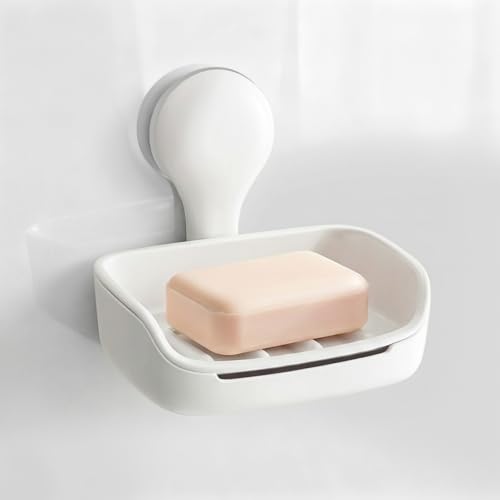 PAVSTINE Seifenschale ohne Bohren mit Ablauf Seifenhalter Dusche mit Saugnapf Seifenablage Soap Holder Wandmontage Seifenschalen Kunststoff für Badezimmer und Küchenspüle Weiß