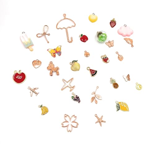 30PCS Assorted Gold Plated Enamel Animal Moon Star Fruit Charm Pendant DIY for Necklace Bracelet Jewelry Making and Crafting