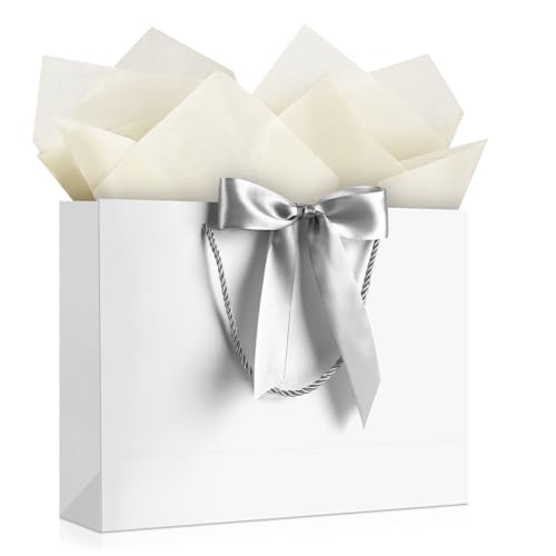 Image of JMANNI White Gift Bags with Handles, 13 inch Medium Gift Bag for Presents, 1 Pcs Bags with 2 Tissue Paper and 1 Cards for Graduation Wedding Men Birthday Anniversary 4th of July Bachelor Party Decorations