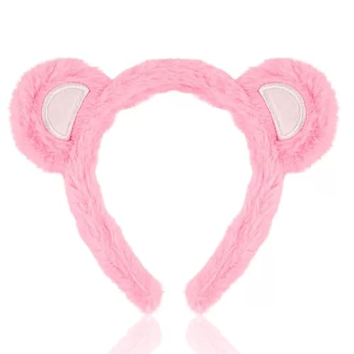 WIWUFUE Pink Bear Ears Headband Halloween Cute Bear Hairband for Women Plush Animal Ear Hair Hoop| Cute & Soft Faux Fur Headpiece for Face Washing Makeup Cospaly Costume Accessories