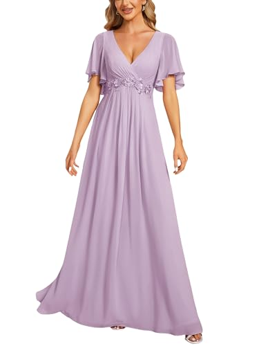 Image of Ever-Pretty Womens V Neck Applique Mother of the Bride Dresses Formal Dress | Chiffon, Short Sleeves, Ruched, A-Line, Bridesmaid Dresses, Formal Gown, Black Tie Dress
