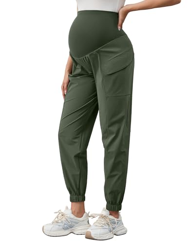 PACBREEZE Womens Maternity Cargo Joggers Quick-Dry Hiking Pants Active Outdoor Casual Pregnancy Sweatpants (Olive Medium)