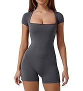 QINSEN Women's Short Sleeve Bodycon Romper Stretchy Square Neck Sexy Unitard Jumpsuit