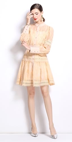 Image of LAI MENG FIVE CATS Women's Hollow Out Floral Print Lantern Sleeve Button Casual Mini Dress