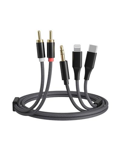 RICHUPON [3-in-1 RCA Audio Cable] Lightning/USB C/3.5mm to 2 RCA Compatible with iPhone Android Home Theater Car Stereo Speaker Amplifier (6FT)