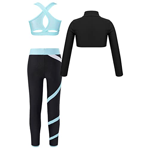 Kids Girls 3 Piece Dance Outfits Sports Bra Long Sleeve Crop Top Athletic Leggings Set Gymnastics Tracksuit2
