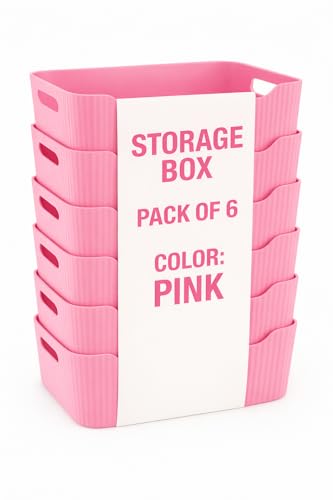 Plastic Storage Box with Lid – Large Stackable Organizer Storage Box for Clothes, Toys, Kitchen – Big Size Plastic Storage Container Basket for Home, Office, Bathroom(Smal,Pack of 6,Pink)