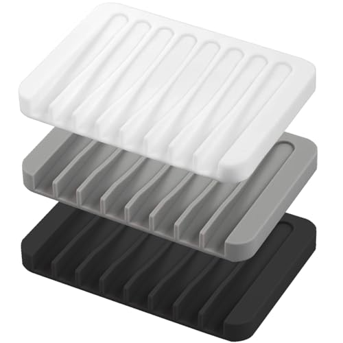 Image of Self Draining Soap Dishes, 3 Pcs Silicone Waterfall Drainer Soap Holder for Bathroom, Extend Soap Life Keep Dry Clean & Easy Cleaning (Black, White, Gray)