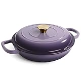 Vintage Style 3 Quart Enameled Cast Iron Braiser, Non Stick Enameled Cast Iron Skillet with Lid, Dutch Oven Skillet with lid up to 500°F for Oven, Stove, Grill, Shallow Dutch Oven for Cook, Bake (Purple)