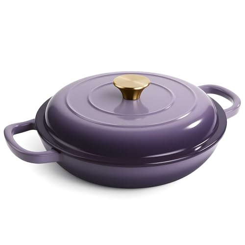 3 Quart Enameled Cast Iron Braiser, Non Stick Enameled Cast Iron Skillet with Lid, Dutch Oven Skillet with lid up to 500°F for Oven, Stove, Grill, Shallow Dutch Oven for Cook, Bake (Purple)