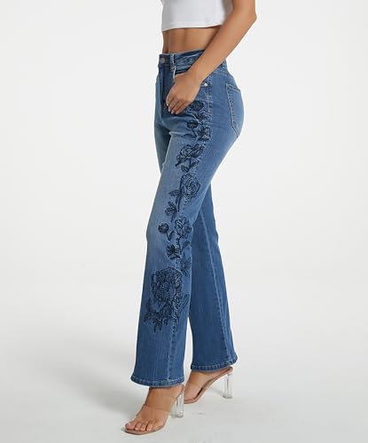 D-Sun Women Embroidered Flare Jeans Casual Mid Rise Vintage Inspired Fashion Denim Jeans Pants with Pockets3