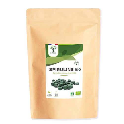 Spiruline Bio - Bioptimal - Complément alimentaire - BCAA Fer Vitamine A - 65% de Protéine - 17% de Phycocyanine - 500 mg/comprimé - Conditionnée en France - Certification Ecocert - 1200 comprimés