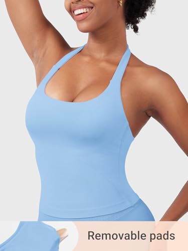 Image of YEOREO SoftHue Women's Impact Halter Tank Top Longline Backless Scoop Neck Built-in Bra Sports Workout Gym Crop Top