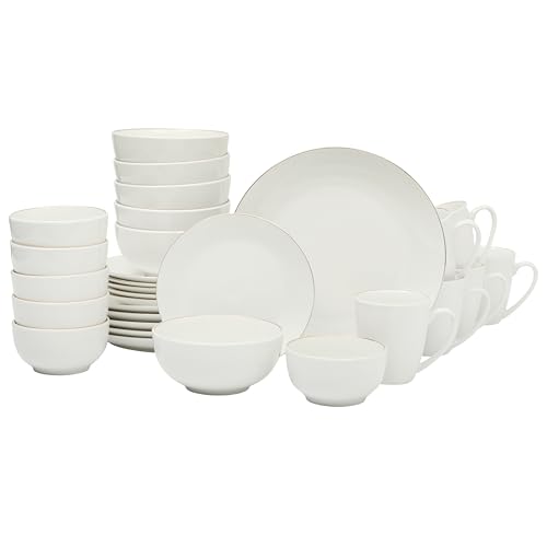 Image of Gibson Home Ogalla 30 Piece Plates, Bowls, & Mugs Dinnerware Set - Service for 6 - White Porcelain W /Gold Band