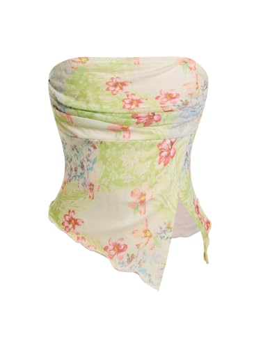 Image of Milumia Girl's Floral Ruched Tube Top Strapless Lettuce Trim Split Hem Bandeau Tops