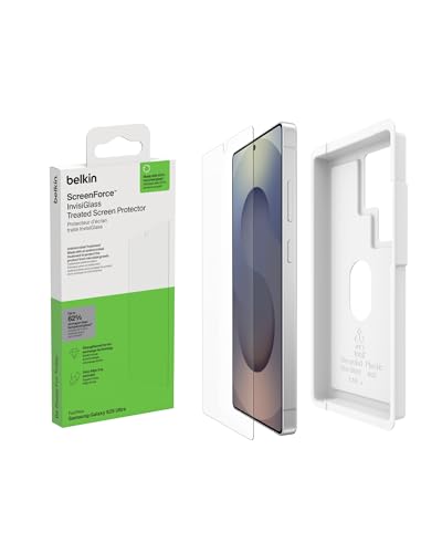 Belkin ScreenForce InvisiGlass Protection d'écran pour Samsung Galaxy S25 Ultra(protection antirayure, antimicrobienne, support alignement facile fourni, pose sans bulle d'air, verre recyclé)