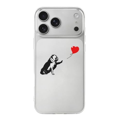 iPhone17ProMax用ケース Banksy バンクシー パグ 犬 赤い風船 アイフォン17ProMax用ケース TPU スマホケース 透明シェル 軽量 耐久性 おしゃれ ワイヤレス充電対応