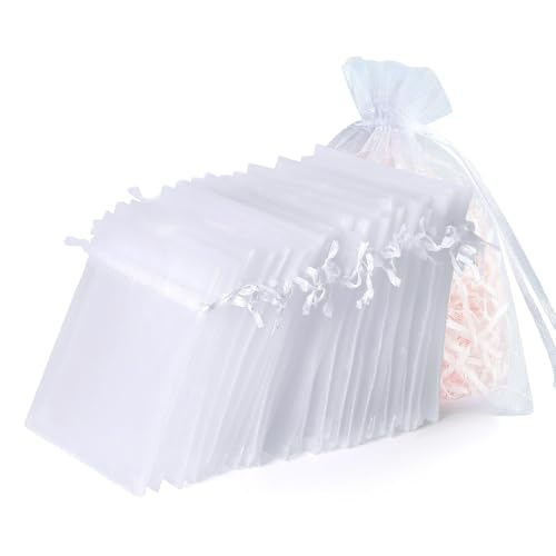QKNOSM 100 bolsas de organza blancas, 15 x 20 cm, con cordón, para rellenar, bolsas de organza como bolsas de caramelos, bolsas de regalo para bodas, fiestas, regalos