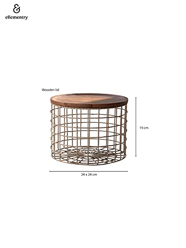 Image of Ellementry Twine Metal Wire Kitchen Vegetable Storage Basket with Wooden Lid, Fruit Basket for Pantry, Countertop Multi-Functional Fruit & Vegetable Organizer for Home & Kitchen Decor