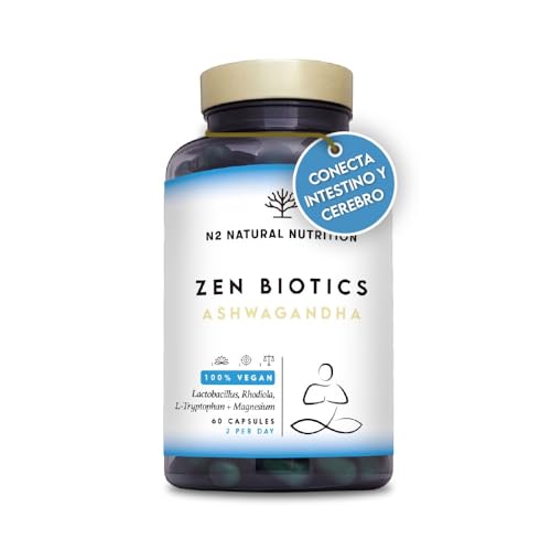 Ashwagandha con Triptofano y Magnesio. Cortisol. Contra el Estrés y la Ansiedad. Relajante que Apoya la Estabilidad Emocional. Con Rhodiola Rosea. 60 Cápsulas. N2 Natural Nutrition