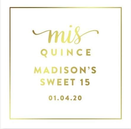 Andaz Press Personalized Square Birthday Favor Gift Labels Stickers, Metallic Gold Ink, Sweet 15 Birthday, Mis Quince Quinceanera, 40-Pack, Custom Made Name