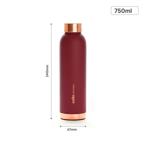 Image of CELLO Evita Copper Water Bottle For Daily & Office Use 700 ml, Red | Leakproof & Rustproof ISI Certified Single Wall 100% Pure Copper Promotes Immunity, Improve Digestion & Supports Healthy Living