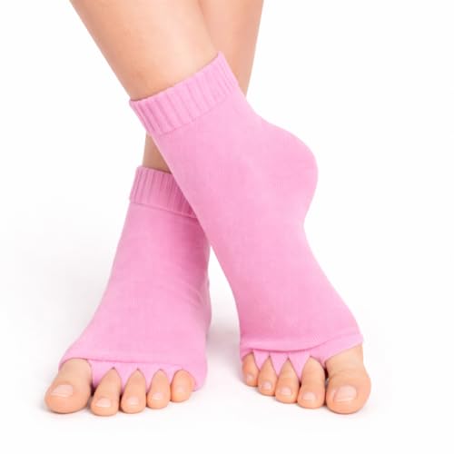 Image of Foot Alignment Orthopedic Cotton Socks for Men & Women | Five Toe Separator | Foot Pain Relief | Bunion Corrector | Plantar Fasciitis Support |Free Size | Dark Grey -BabyPink | 2 Pair | UK8-11