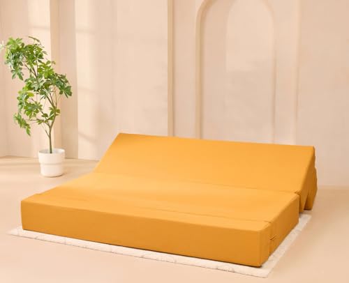 Image of uberlyfe Xtra High, Xtra Soft 3 Seater (6' x 6') Sofa Cum Bed | 1 Year Warranty | 17 inch Sofa Height | King Size Foldable Bed | Plush Pure Cotton Fabric | Mango Yellow Color